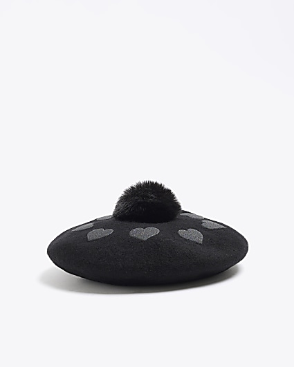 Mini girls black heart pom pom beret hat