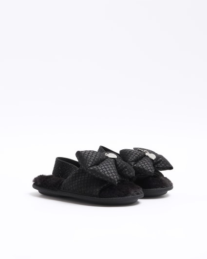 Girls Black Bow Embellished Monogram Slippers