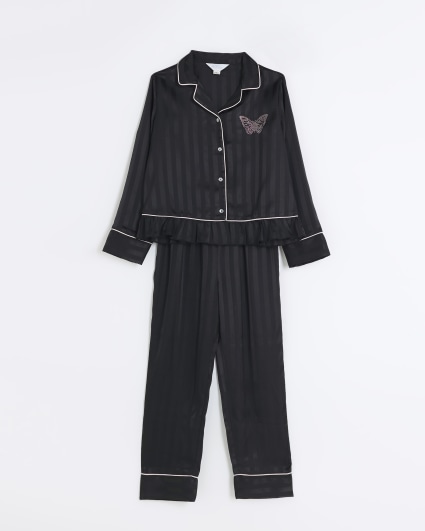 Girls black satin long sleeve pyjama set