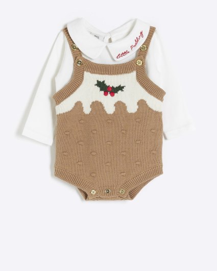 Baby Beige Christmas Pudding knit Romper Set