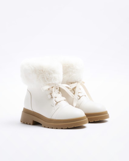 Girls cream faux fur trim hiker boots