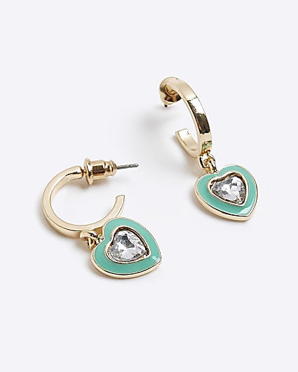 Girls green heart hoop earrings