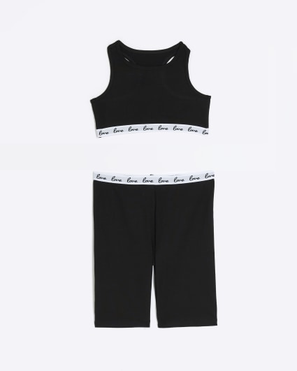 Girls black crop top and cycling shorts set