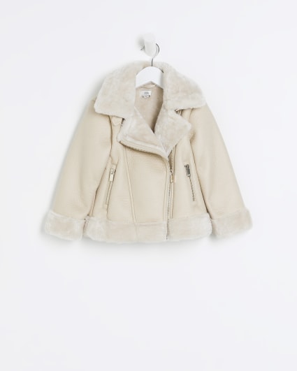 Mini girls cream faux fur aviator jacket