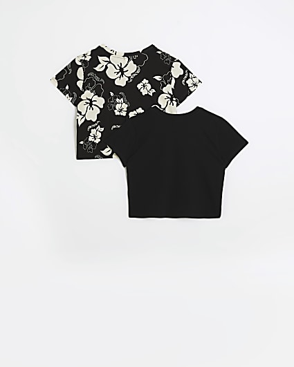 Girls Black floral cropped T-shirt 2 pack