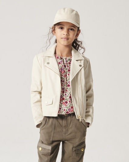 Girls Cream faux leather biker jacket