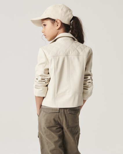 Girls Cream faux leather biker jacket