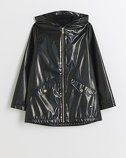 Girls black glitter hooded rain coat