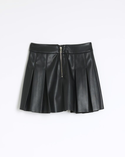Girls black faux leather pleated skirt
