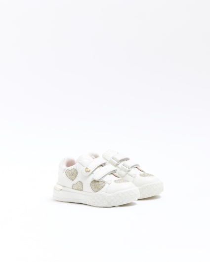 Mini girls White Glitter Heart trainers