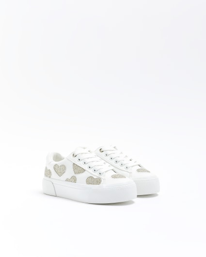 Girls white glitter heart trainers