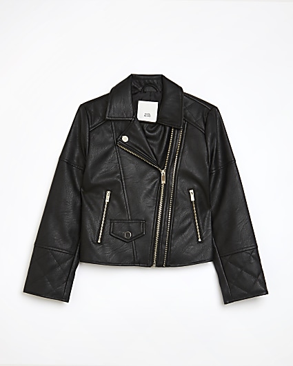 Girls black Pu double zip biker jacket