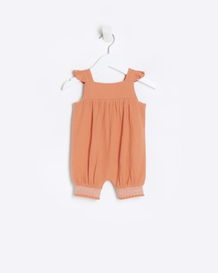 Baby girls coral shirred embroidered romper