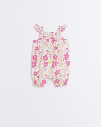 Baby girls pink floral frill all in one