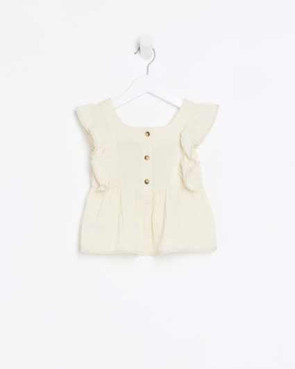 Mini girls beige embroidered frill blouse