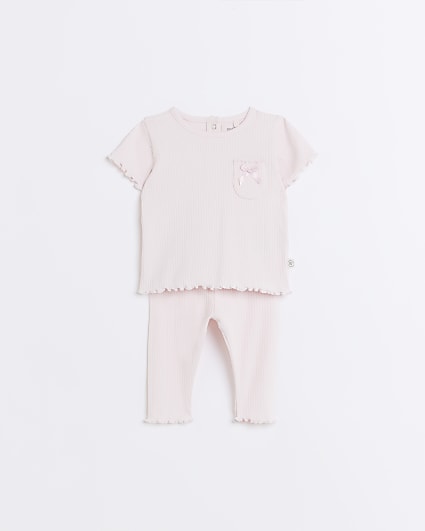 Baby girls pink ribbed t-shirt set