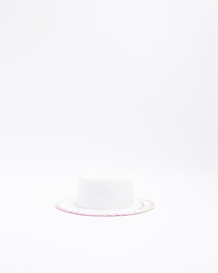 Mini girls white embroidered straw hat