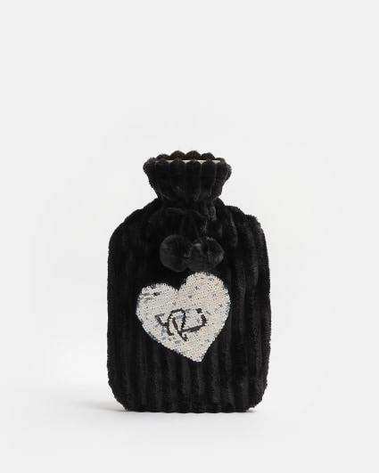 Girls Black Sequin Heart Hot Water Bottle