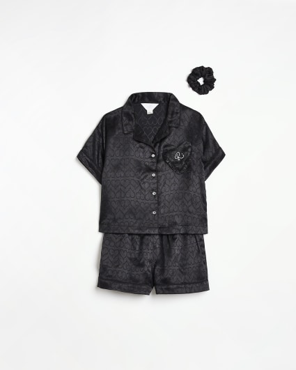 Girls Black RI heart Satin pyjama Set