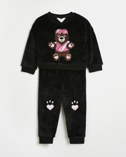 Mini girls black bear cosy loungewear set