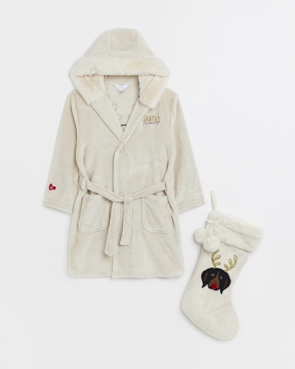 Girls Beige Dog dressing gown Stocking Set