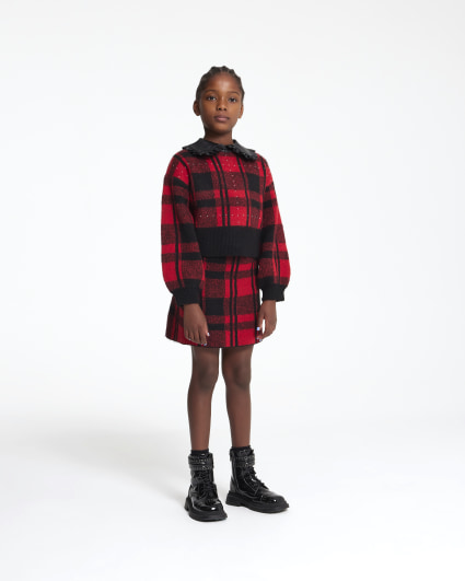 Girls Red Check PU trim embellished knit Set