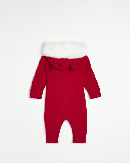 Baby Red Faux Fur Trim Cable Knit All In One