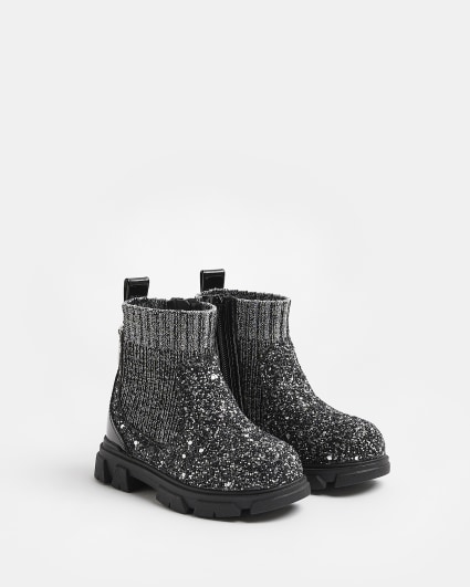 Mini Girls Silver Glitter Sock Chelsea Boots