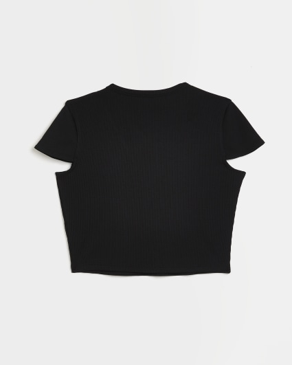 Girls black cut out ribbed crop top