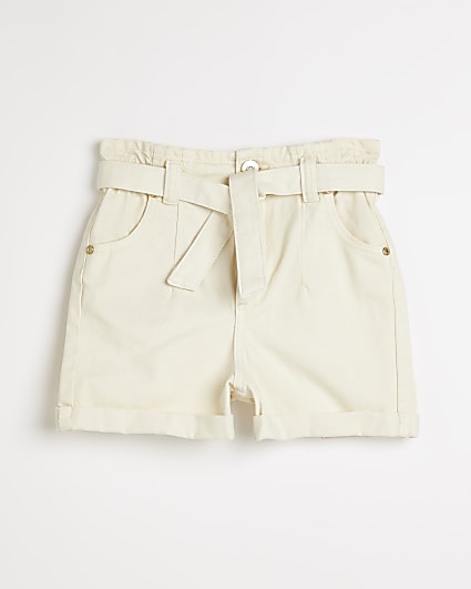 Girls ecru paperbag belted waist shorts