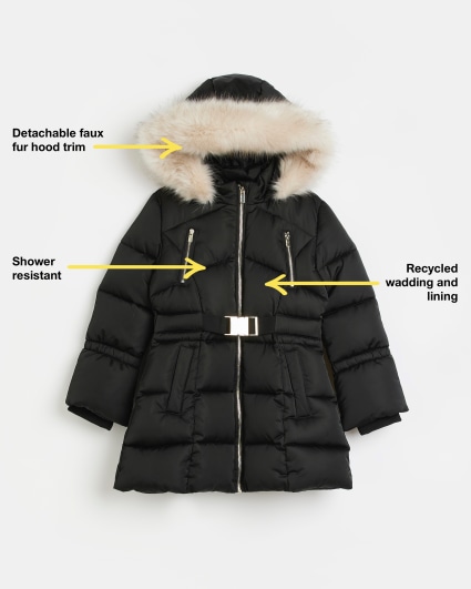 Girls black hooded faux fur trim puffer coat