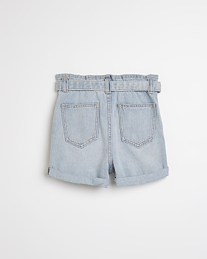 Girls blue paperbag waist belted denim shorts