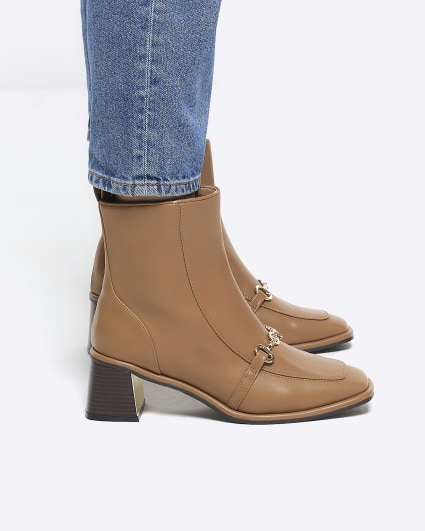Brown chain block heel ankle boots