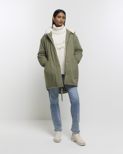 Khaki faux fur lining parka coat