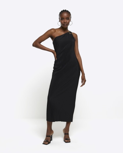 Black plisse one shoulder bodycon midi dress