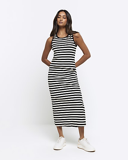 Black rib stripe bodycon midi dress