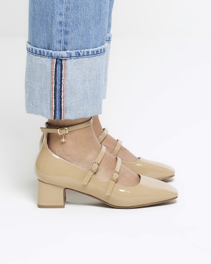 Beige strappy block heeled court shoes
