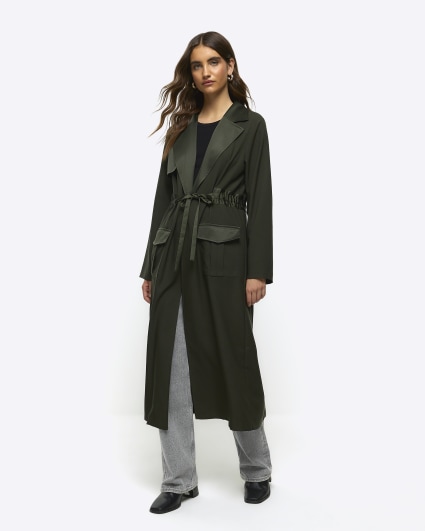 Khaki satin belted longline duster coat