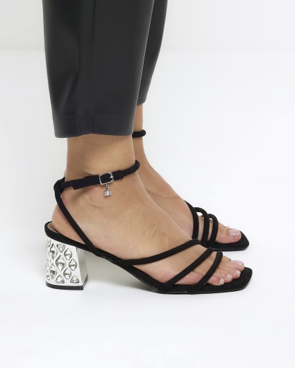 Black diamante heel strappy sandals
