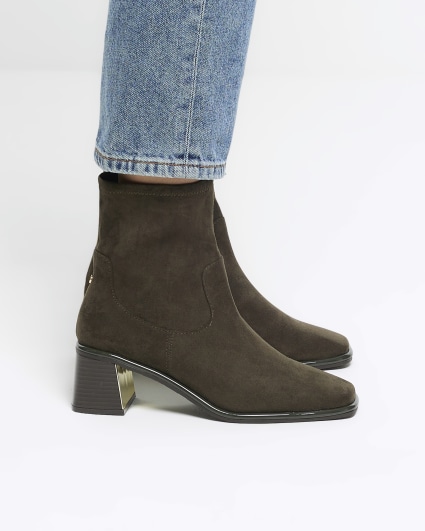 Khaki block heel ankle boots