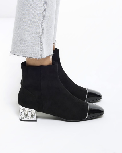 Black suedette diamante heel ankle boots