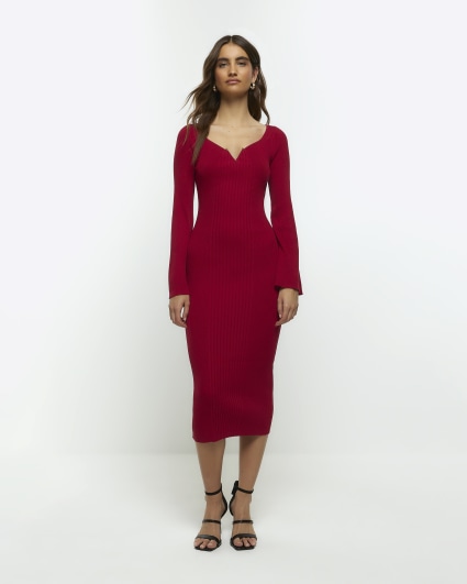 Red rib long sleeve bodycon midi dress