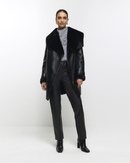 Black faux leather shearling jacket