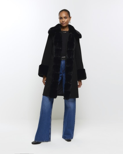 Black faux fur trim coat