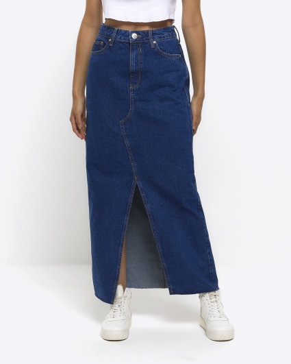 Blue split hem denim maxi skirt