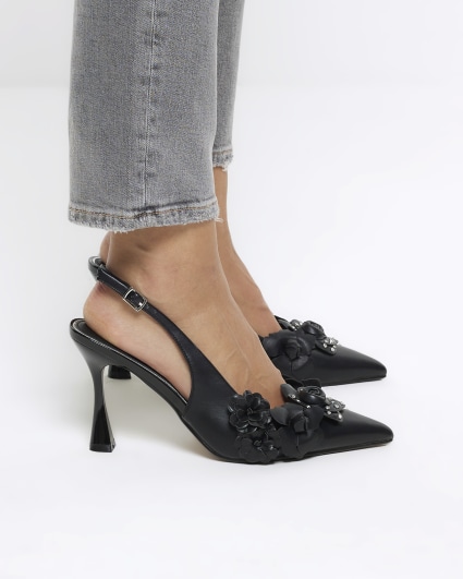 Black flower sling back heeled court shoes