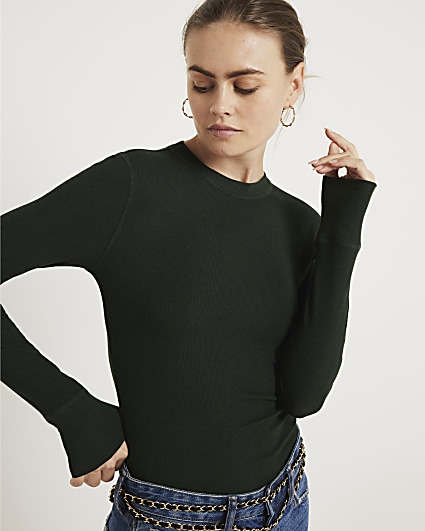 Green Fitted Rib Long sleeve Top