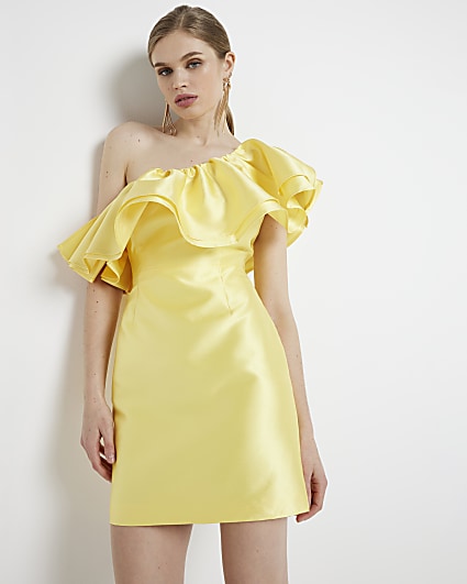 Yellow frill asymmetric bodycon mini dress