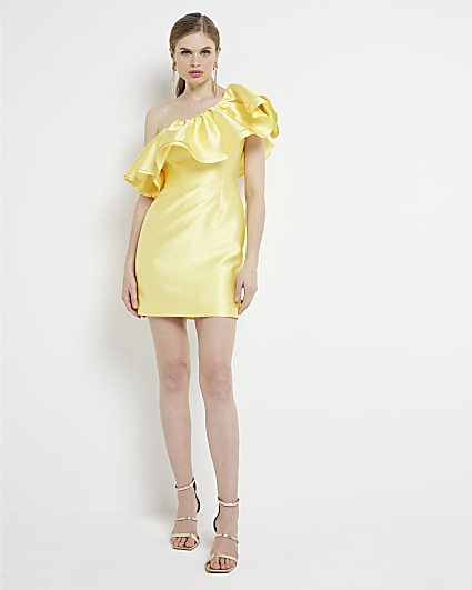 Yellow frill asymmetric bodycon mini dress