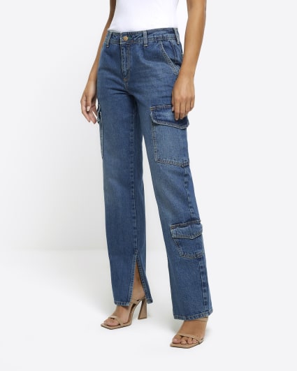 Blue wide leg cargo jeans
